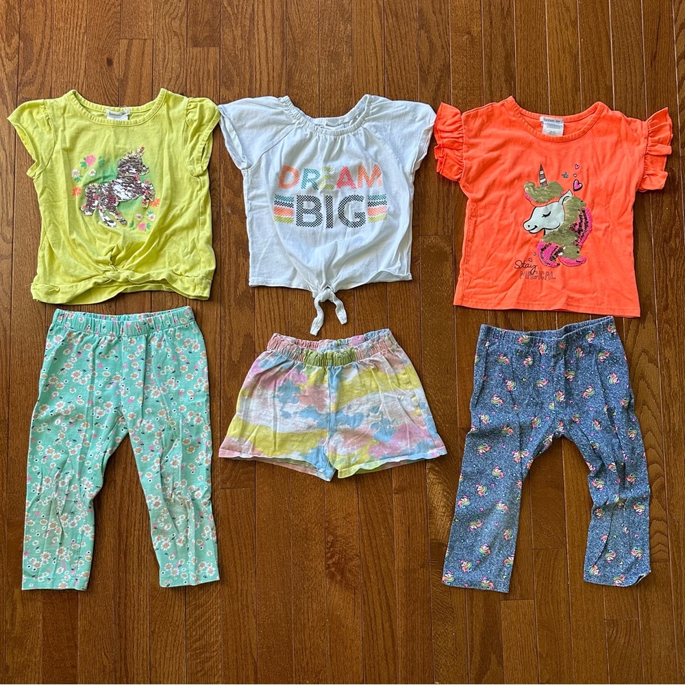 6 piece Forever Me girls sz 5 outfits unicorn sequins tops shorts capri leggings